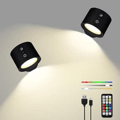 LEBEIGO LED sienas gaisma iekštelpu komplektā, 2 2024. gada atjauninātās versijas sienas lampa ar 9 RGB krāsām, regulējams LED sienas apgaismojums iekštelpām, bez urbšanas, 360° rotējoša magnētiskā bumba, skārienvadība un tālvadības pults