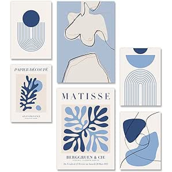 AllBlue Matisse sienas mākslas izdruku komplekts pa 6, abstrakti plakāti guļamistabai, gadsimta vidus sienas māksla, minimālisma Boho sienas māksla viesistabai, sienas māksla guļamistabai (4xA4 un 2xA3).