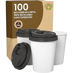 100 Takeaway Coffee Cups Set of White Paper 240ml with Lids Hot and Cold Drinks Cappuccino Eco Friendly Biodegradable Disposable Cups Made in Italy + 100