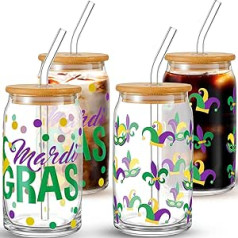 Lallisa Mardi Gras Glasbecher, 473 ml, Gold, Grün, Lila, Eiskaffeegläser mit Deckel, Strohhalm, für Karneval, Party, Geburtstag, Festival, Parāde, Dekorācija, 4 Stück