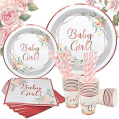 120 Piece Party Tableware Set, INUAN Baby Shower Decorations, Plates for 24 Guests, Pink Paper Plates, Dessert, Disposable Tableware, Napkins, Cups, Straws for Baby Shower, Girls