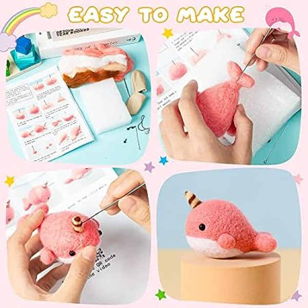 WATINC Set of 4 Cute Animal Needles Felt Starter Kit Frog Chick Bee Narwhal  Animal Doll