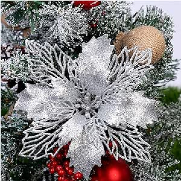 Queta Pack of 12 Christmas Glitter Poinsettia, Ziemassvētku eglītes rotājums, Ziemassvētku ziedi, mākslīgie ziedi, Ziemassvētku eglīšu rotājums, kāzas, vainagi, dekorēšana, 16 cm