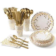 141-Piece White Gold Party Tableware, Paper Cups, Paper Plates Set, Reusable Paper Tableware Set Including Tablecloth, Plates, Cups, Napkins for Birthday, Weddings, Anniversaries, 20 Guests
