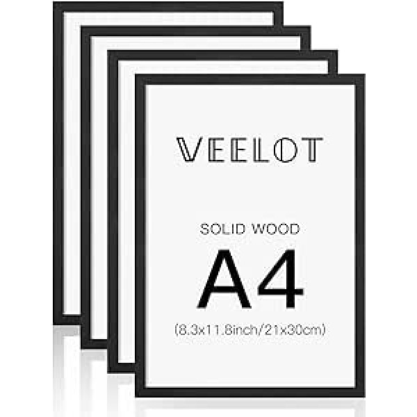 Veelot A4 Photo Frame, Black Solid Wood Photo Frame, Set of 4 with HD Plexiglass for Gallery Certificate Document Home Decoration (21 x 30 cm)