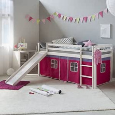 Homestyle4u 540 Children's Bed 90 x 200 cm White Pine Wood Children's Cabin Bed with Slide Curtain Pink