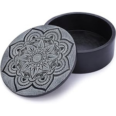 Ajuny Handmade Round Decorative Black Marble Soapstone Box with Mandala Carvings, Multi-Use for Jewelry Storage, Jewelry Holder, Home Decor, 5 x 5 x 2 Inch