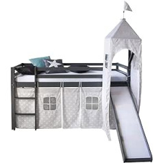 Homestyle4u 1873 Children's Bed 90 x 200 cm, Grey, Bunk Bed with Slide Tower, Stars Curtain