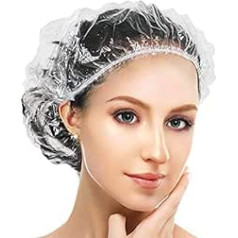 Gcqq iepakojumā ir 50 vienreizējās dušas cepures, 45 cm dušas cepures, sieviešu dušas cepures, plastmasas matu cepures, elastīgas caurspīdīgas vienreizējās lietošanas dušas cepures, plastmasas vāciņi viesnīcai, spa
