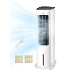 Midea Silent Air Cooler Pro 4-in-1 mobilais gaisa kondicionētājs Kluss: gaisa dzesētājs, torņa ventilators, mitrinātājs un gaisa attīrītājs, ar tālvadības pulti, 5 l ūdens tvertne, 355 m³/h gaisa plūsma, 55 W, LED displejs, taimeris, Balts