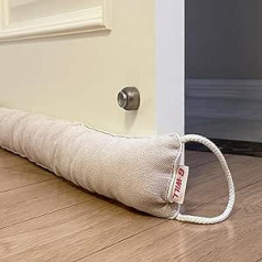 Door Cushion Draught Excluder (White), 36 x 2.75 inches, Energy Efficient Door Draught Excluder, Plain Fabric, Polyester Wadding & Glass Beads Filled Heavy Door Pull Stopper by G-WILL