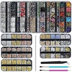 Artdone 9 kastes nagu Rhinestones, nagu dārgakmeņi, nagu dimanti, nagu mākslas kniedes, nagu kristāli, vizuļi nagiem, komplekts ar 1 pinceti un 3 pildspalvām nagu mākslas aksesuāriem