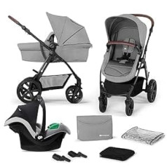 Kinderkraft MOOV CT ratiņu 3-in-1 pilns komplekts līdz 26 kg, kombinētās ratiņu ceļošanas sistēmas ar bērnu sēdeklīti I-izmērs 40-75 cm, pārģērbšanās soma, lietus pārsegs, kāju pārsegs, salokāms, guļus pozīcija, pelēks