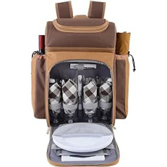 4 Person Picnic Backpack with Blanket and Picnic Set, Large Insulated Leakproof Cooler Compartment for Family Hiking Camping BBQ (Brown)