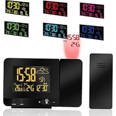 ALLOMN Digital Projection Alarm Clock, Indoor Outdoor Temperature, Weather Forecast, Date Display for 12/24H Time of Day, Snooze Function, USB Charging Port, 8 Backlight Colours Switchable