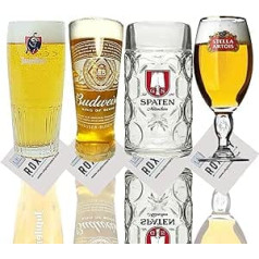 Roxley komplekts ar 4 melnajām brillēm, Lager, Stella, Budweiser, Spade, Jupiler, jauktas pintas brilles, komplekts pa 4