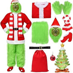 12-Piece Christmas Costume, Green Monster Costume for Adults, Santa Claus Costume, Men's Cosplay Costume with Mask, Coat for Christmas, Green