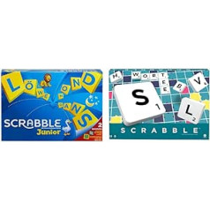 Mattel Games Y9670 — Scrabble Junior vārdu spēle un bērnu spēle, 2–4 bērni no 6 gadiem un Y9598 — oriģinālā vārdu spēle un galda spēle Scrabble, piemērota 2–4 spēlētājiem no 10 gadiem