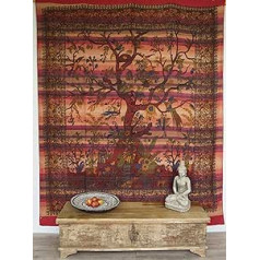 GURU VEIKALS Boho stila piekares pie sienas, Indijas gultas pārklājs, Dzīvības koks, Sarkans, Kokvilna, 250 x 210 cm, Gultas karkass, Dīvāna izvelkamais