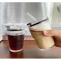 Lioong 2 Pack Crystal Glass Stripes kafijas krūzes ar vāku un salmiņu dzeršanas pudeles Mason Jar Ledus dzesēta Latte ūdens sulas dzeramā kauss 450ml