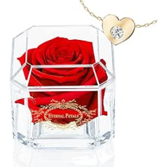 A Real Rose That Lasts Years - Eternal Petals, Handmade in the UK, Gold Solo with Gift Box, 18K Gold Plated Heart Necklace with Clear Crystal and Love Message (Red)