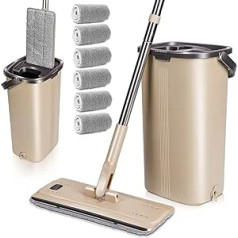 MASTERTOP 2-in-1 Mop Set with Bucket, with 132 cm Stainless Steel Handle and 6 Microfibre Mop Pads, Hands-Free Cleaning, Bucket with Wringing Function, for Hardwood, Laminate, Tile Floors, Beige