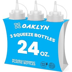 Oaklyn (3 komplektā) 590 ml plastmasas izspiežamās pudeles ar skrūvējamiem vāciņiem — ideālas dozēšanas pudeles un mērces dozators kečupa, majo, BBQ mērces pagatavošanai — bez BPA caurspīdīgas, izspiežamas pudelītes ēdiena gatav