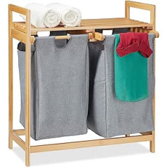 Relaxdays Laundry Basket with Shelf, 2 Compartments, 2 x 30 L Laundry Bags, Bamboo Pull-Out Laundry Basket HBT 73 x 64 x 33 cm, Natural/Grey, Pack of 1