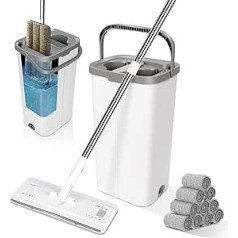 ZNM Floor Mop and Bucket Sets, Microfibre Flat Mop Bucket with 10 Microfibre Pads & Integrated Self-Wringing System for Wet and Dry Use, Mops for Laminate Tiles Hardwood Floor Cleaning