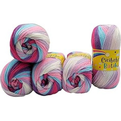 5 x 100 g adīšanas dzija Cicibebe Batik daudzkrāsaina ar krāsu gradientu, 500 g adīšanas vilnas krāsaina, krāsu gradienta dzija (rozā, violeta, zila, 550-30)