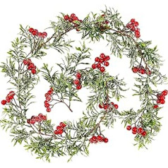 Whaline Christmas Red Berry Garland Artificial Snow Flocked Cypress Garland Hanging Indoor Outdoor Home Wedding Winter Party Dinner Decoration 4ft