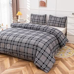 LSC Tartan Check Flannelette segas pārvalks 100% matētas kokvilnas flaneļa termo ziemas gultas segas pārvalks Luksusa īpaši mīksts ar atbilstošu krāsu spilvendrānām (dubultā segas pārvalka komplekts, pelēks)