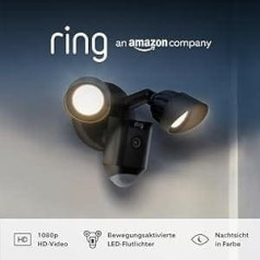 Ring Floodlight Cam Wired Plus no Amazon | 1080p HD video, ar kustību aktivizējami LED prožektori, iebūvēta sirēna, instalācija ar vadu | Ar Ring Protect Plan | 30 dienu bezmaksas izmēģinājuma versiju Melns