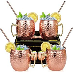 Moscow Mule Copper Cups Set of 4 Including 4 Straws, Moscow Mule Cups Copper Cups 530 ml for Cocktails, Gin, Beer, Drinking, Gift Set for Bartenders, Bartender Barware