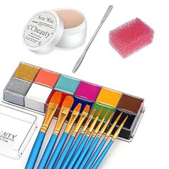 Ccbeauty Face Paint 12 Colors Face Paint Set Stage Special Effects Kit Aplauzuma vasks + Lāpstiņa + 10 otas + 1 Aplauzuma sūklis Perfessional Body Colors All Saints Party