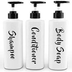 AUMIO 16 oz šampūnu un kondicionieru dozatoru komplekts ar 3 apdrukātiem dušas ziepju dozatoriem, plastmasas šampūnu pudelēm, atkārtoti uzpildāmas ar sūkni - šampūns, kondicionieris dušas skalošanas līdzeklis vannas istabas dušas sienai