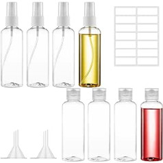 8 Stück 100 ml Kunststoffflaschen Reiseflaschen für Toilettenartikel, nachfüllbare transparente Flüssigkeitsbehälter Flasche mit Trichtern und Etiketten für Reisen oder Kosmetik (4 Sprühflaschen