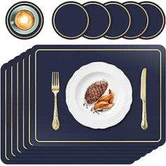 APLKER Leather Placemats and Coasters, Washable Set of 6 Non-Slip Placemats, Leather Faux Leather Place Mat, Leather Look Place Mat, 41 x 31 cm (Dark Blue)