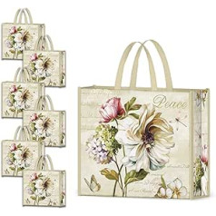 NymphFable Pack of 6 Reusable Shopping Bags, Peony Flowers, Butterflies, Shopping Bags, Large Shopping Bag, Washable