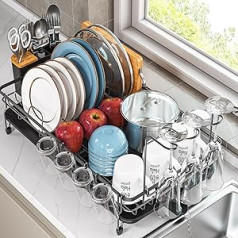 APEXCHASER Expandable Drying Rack, Adjustable Dish Drainer Basket, Rustproof Dish Dryer, Dish Rack with Removable Cutlery Holder, Drink Holder, Swivel Drain, Black