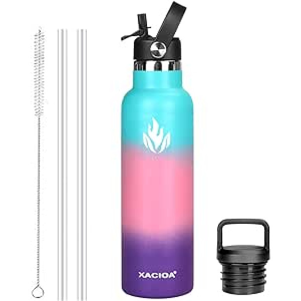 XACIOA Stainless Steel 1 L Drinking Bottle with Straw, For Hot/Cold Drinks, 500/750/1000 ml Double-Walled Vacuum Stainless Steel Water Bottle for Children, Leak-Proof, BPA-Free, with 2 Lids and 1 Brush