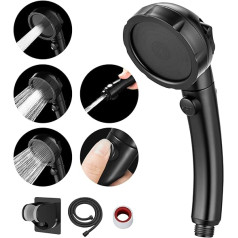 MIAOHUI Water Saving Shower Head with Water Stop Function, Shower Head with Hose, 3 Jet Types Shower Head Pressure Increasing, Shower Head with Hose and Holder, Black