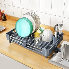SAYZH paplašināms trauku drenāžas tvertne (33,5 cm - 50 cm) Trauku drenāža no nerūsējošā tērauda ar trauku turētāju Krūzes turētājs virtuves izlietnes organizatoram (pelēks)