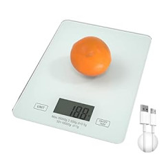 FITLAND virtuves svari Uzlādējami digitālie pārtikas svari 10kg 1g Precīzijas graduācijas rūdīta stikla svari ēdiena gatavošanai cepšanai LCD displejs Āķa dizains (balts)