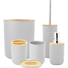 6-Piece Bamboo Bathroom Set with Lotion Dispenser, Rubbish Bin, Toothbrush Holder, Toothbrush Cup, Toilet Brush and Soap Dish, 3 Colours Optional (Grey)