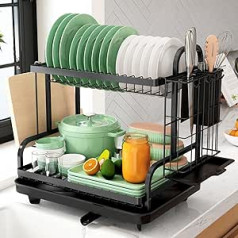 Kitsure Dish Drying Rack - Multifunctional Dish Drying Rack Rustproof Kitchen Dish Drainer with Drainer Board and Utensil Holder, 2 Tier Dish Drying Rack