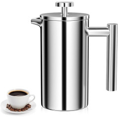 Uootach French Press kafijas automāts 350 ml, augstas kvalitātes nerūsējošā tērauda kafijas automāti, franču preses kafijas automāts ar trīskāršu filtru, kas izgatavots no nerūsējošā tērauda, mājām, ceļojumiem, kempingiem (sudrabs)