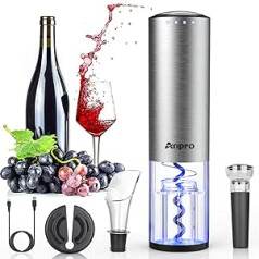 Anpro Electric Corkscrew Set, Automatic Wine Opener Bottle Opener with Foil Cutter, Vacuum Stopper and Pourer, Silver