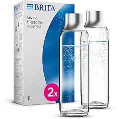 BRITA Glass Bottle for sodaTRIO Water Carbonator (1 L), 2 x Replacement Bottles - Lightweight, Elegant Glass Water Bottles / Carbonator Bottles with Polished Stainless Steel Cap