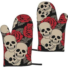 2 Pack Skull with Roses Oven Mitts Heat Resistant Quilted Cotton Lining Heat Resistant Pot Holder Gloves for BBQ Baking BBQ Oven Mitts Black